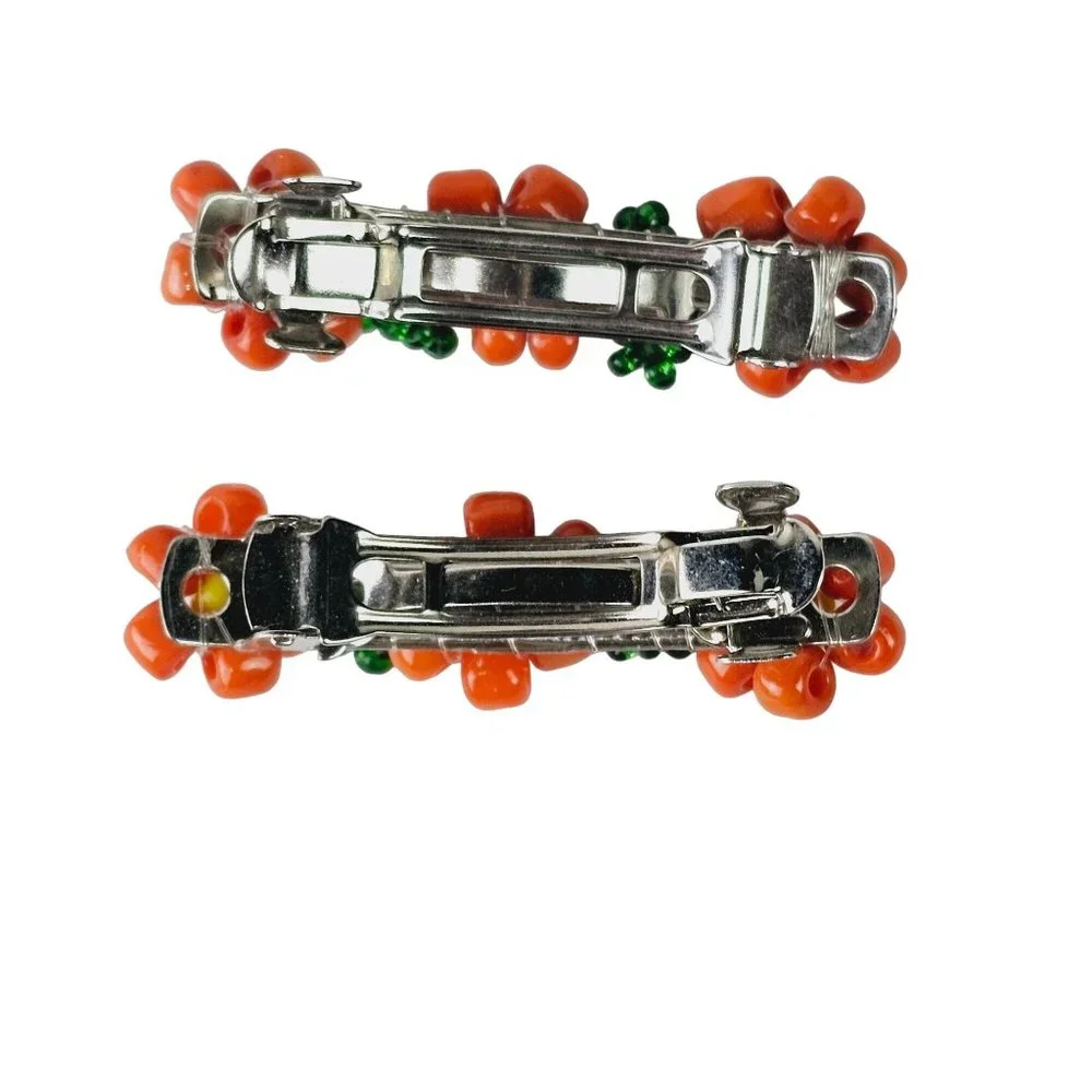 Vintage 1980's Orange Beaded Flower Mini Barrette Set - Picture 4 of 4